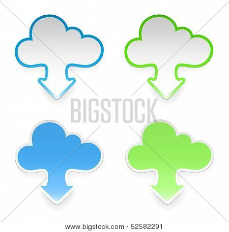 Vector cloud stickers with arrows, set of four