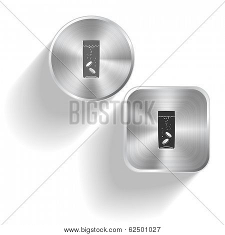 Glass with tablets. Vector set steel buttons