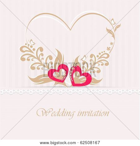 Wedding invitation card with decorative hearts.