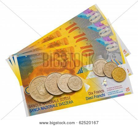 Coins and colorful bills of Switzerland.