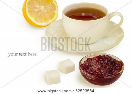 Cup Of Tea With Lemon And Raspberry Jam
