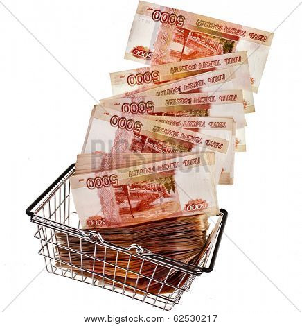 One Million Russian  Banknotes Rubles of the Russian Federation falling in your shopping basket cart - isolated on white background