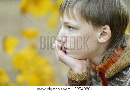 Portrait of a sad little boy outdoors