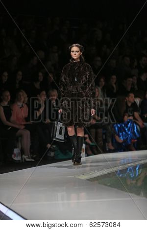 ZAGREB, CROATIA - MARCH 29: Fashion model wearing clothes designed by Branka Donassy on the 'Fashion.hr' show on March 29, 2014 in Zagreb, Croatia