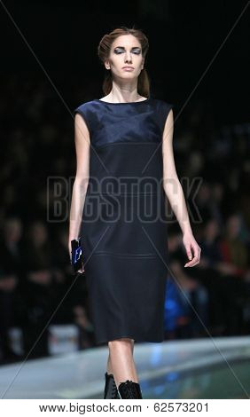 ZAGREB, CROATIA - MARCH 29: Fashion model wearing clothes designed by Branka Donassy on the 'Fashion.hr' show on March 29, 2014 in Zagreb, Croatia