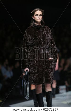ZAGREB, CROATIA - MARCH 29: Fashion model wearing clothes designed by Branka Donassy on the 'Fashion.hr' show on March 29, 2014 in Zagreb, Croatia