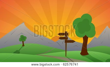 Beautiful Green Landscape And Sunset Behind Hills