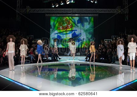 ZAGREB, CROATIA - MARCH 28, 2014: Fashion models wearing clothes designed by Marina Design and Marija Ivanovic accessories on the 'Fashion.hr' fashion show