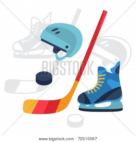 Hockey equipment icons set in flat design style.