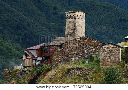 View Of Ancient Murqmeli Village With Generic Fortified Tower,settlement Ushguli,svaneti, Georgia
