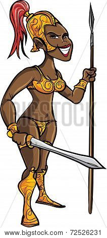Cartoon black warrior woman with a sword