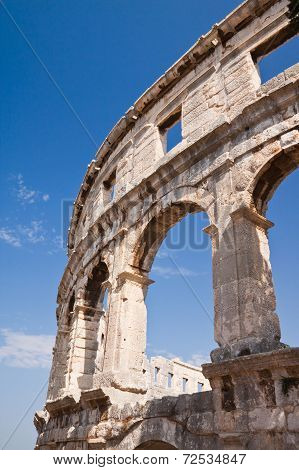 Wall Of The Ancient Amphitheater In The Sky In Pula. Croatia
