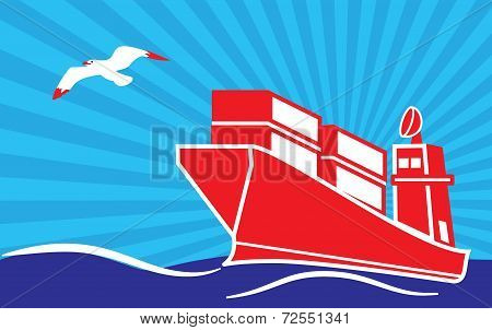 Sea Container Ship And Seagull In The Sky, With Sunbirst Background