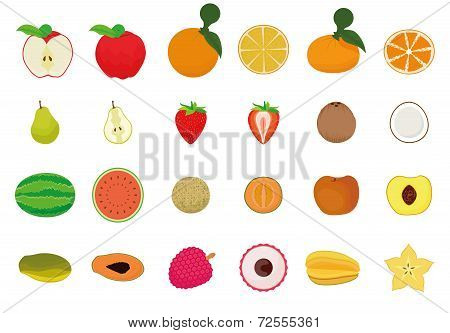 a set of colored fruits on a white background