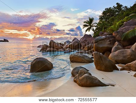 Seychelles Tropical Beach At Sunset