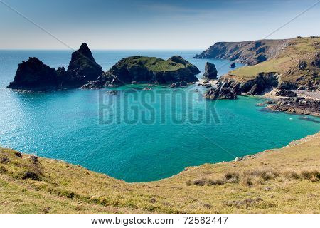 Kynance Cove The Lizard Cornwall England UK beautiful sunny summer day with blue sea