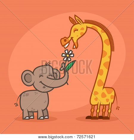 Concept, characters elephant flower and giraffe
