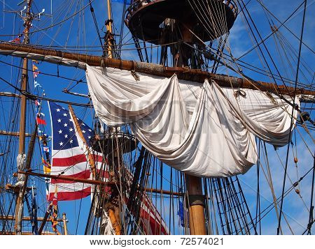 Ship Rigging And American Flag