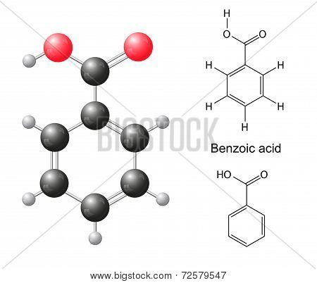 Structural Chemical Formulas And Model Of Benzoic Acid Molecule