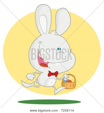 Coelho branco com uma cesta de Páscoa, na frente de um círculo amarelo