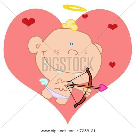 Bebê Cupido atirando flechas sobre grandes e pequenas corações