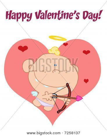 Saudação de feliz Dia dos Namorados sobre um bebê de Cupido atirando flechas sobre grandes e pequenas corações