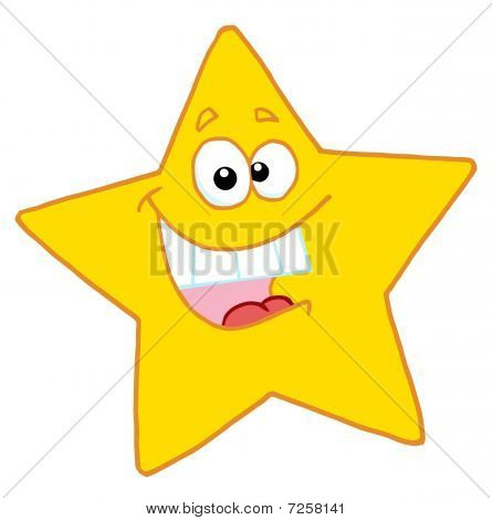 Hiper, feliz amarelo estrela sorrindo e mostrando os dentes