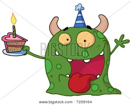 Avistou o monstro verde aniversário vestindo um chapéu de festa e segurando uma fatia de bolo