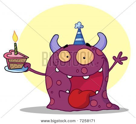 Feliz aniversário roxo monstro usando um chapéu de festa e segurando uma fatia de bolo