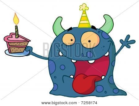 Manchado azul aniversário monstro usando um chapéu de festa e segurando uma fatia de bolo