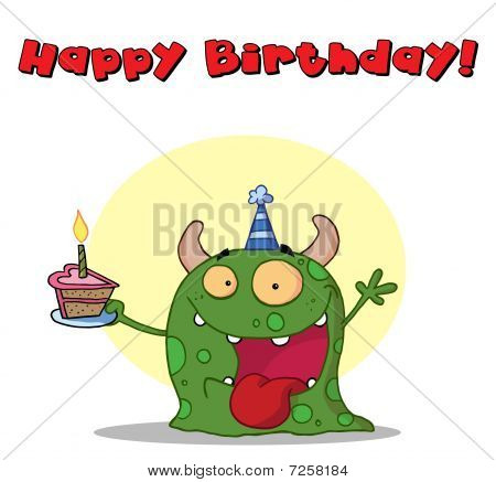 Feliz aniversário texto acima um monstro verde de aniversário, vestindo um chapéu e segurando o bolo
