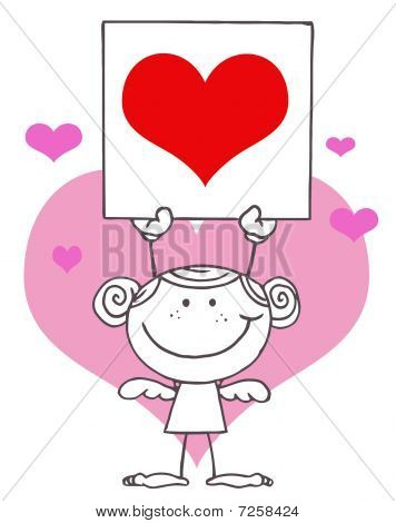 Mädchen Stick Cupid Schild ein rotes Herz