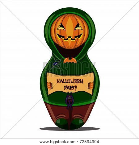 Halloween Pumpkin With The Poster In Hands In Style Of A Nested Doll