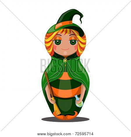 Nested Doll In A Suit Of The Witch A Halloween In A Green Raincoat With A Sweeper And A Potion In Ha