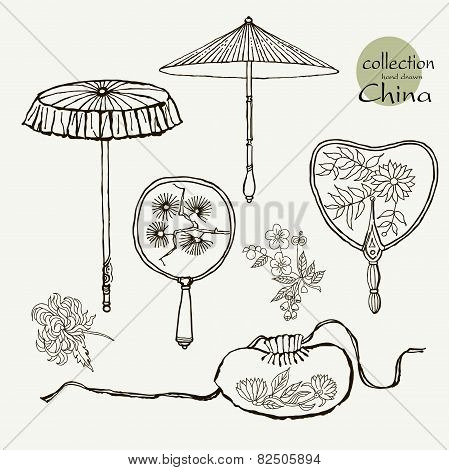 Collection womens old fans and umbrellas. Vector illustration sketch on paper background