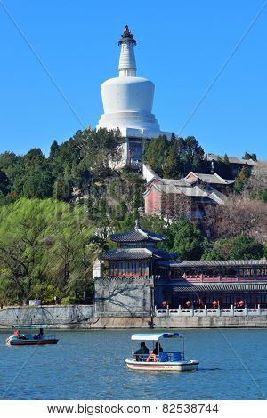Beihai park panorama with historical architecture in Beijing