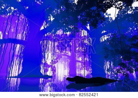 Aligators in Mysterious Fantasy Deep Jungle in Water in the Sunset Sunrise