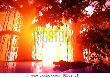 Aligators in Mysterious Fantasy Deep Jungle in Water in the Sunset Sunrise