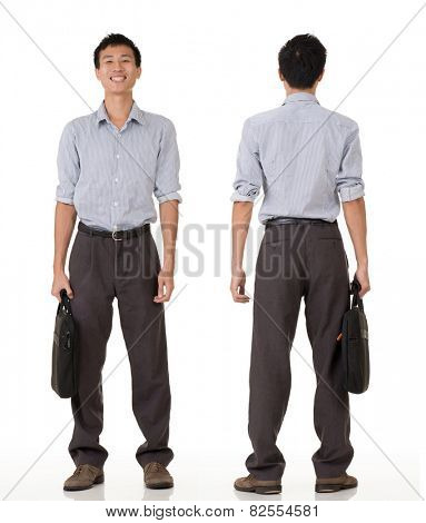 Young business man of Chinese, full length portrait in studio background.