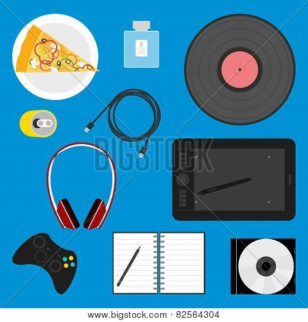 Trendy Flat Style With Objects Used In Usual Life Of Modern People