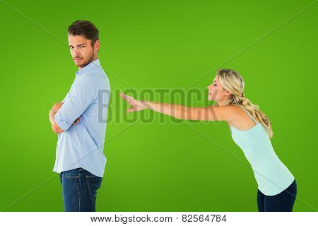 Desperate blonde reaching for boyfriend against green vignette