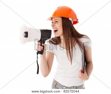 Female Construction Superintendent With Megaphone