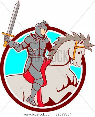 Knight Riding Horse Sword Circle Cartoon