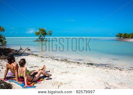 Young Couple In Love At Holbox Island, Mexico. Traveling America, Quintana Roo.