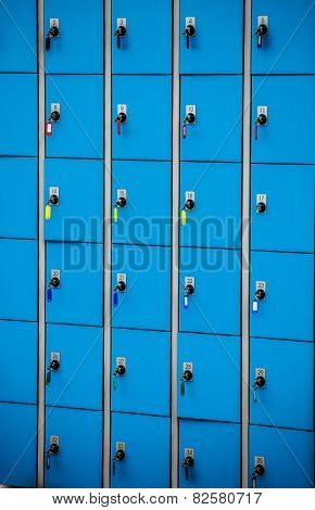 Closeup Blue Deposite Boxes With Keys. Left Luggage