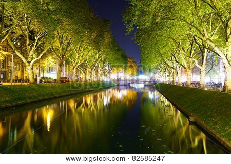 DUSSELDORF - SEP 16: Dusseldorf at night on September 16, 2014 in Dusseldorf, Germany. Dusseldorf is the capital city of the German state of North Rhine-Westphalia