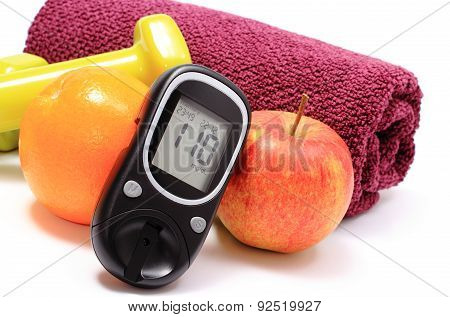 Glucometer, Fresh Fruits And Dumbbells With Purple Towel