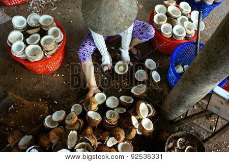 Asian Worker, Coconut, Copra, Material, Mekong Delta