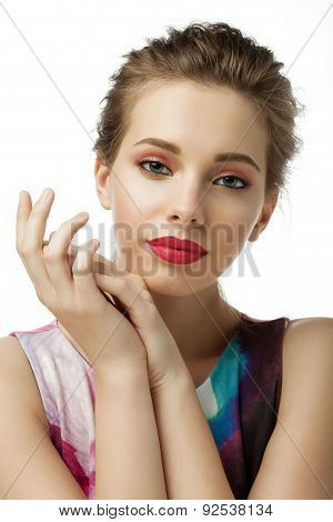 Woman With Red Lips On White Background Isolated