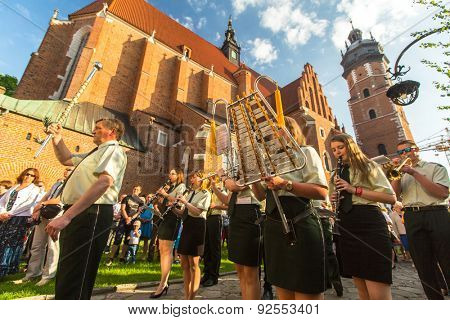 KRAKOW, POLAND - JUN 4, 2015: During the celebration the Feast of Corpus Christi (Body of Christ) also known as Corpus Domini, is a Latin Rite celebrating belief in the body and blood of Jesus Christ.